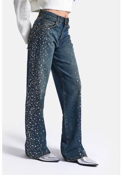 Kadın T-2w6-8 Loose Fit Parlak Taş Özel Tasarım Denim Jean Mavi
