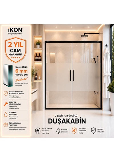 Enzo 2 Sabit 2 Sürgü Mat Siyah Buzlu 03 Duş Kabini H:190 Gümüş Metalik