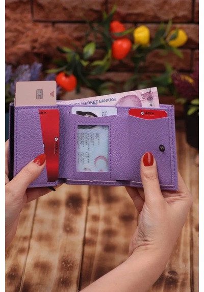 Ozka Leather Collection Lila Suni Deri Erkek Mekanizmalı Vegan Deri Kartlık Cüzdan Portföy - Gül Hediyeli