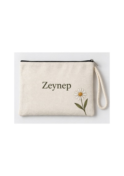 Kişiye Özel Papatya Köşe Baskılı Fermuarlı Makyaj Çantası Bozuk Para Cüzdanı Clutch Model 01284