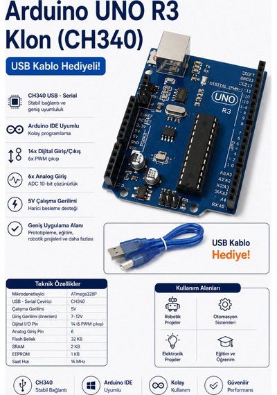 Arduino Uno R3 Klon Ch340 Usb Kablo