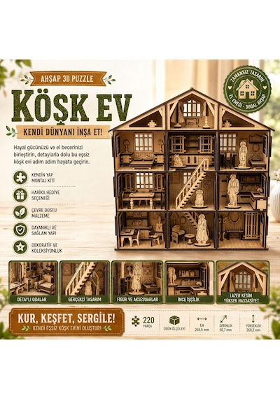 Algwooddesign Köşk Ev Ahşap Maket Seti 220 Parça Dıy 3d Puzzle Çok Odalı Bebek Evi Koleksiyoner Modeli