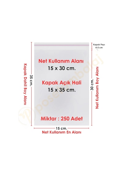 15x30+5 Cm. 15x35 250 Adet Şeffaf Bantlı Yapışkanlı Opp Poşet