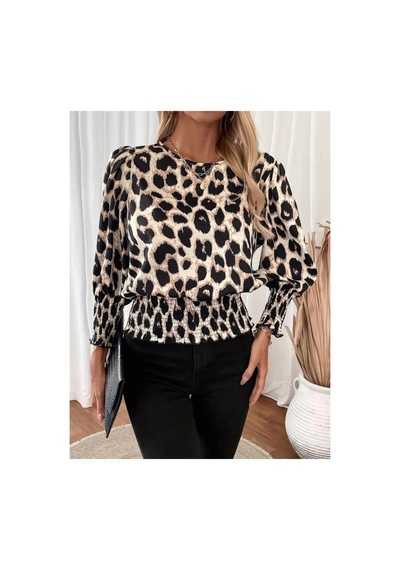 Butik İstanbul Kadın Uzun Kollu Bisiklet Yaka Leopar Desenli Modal Bluz