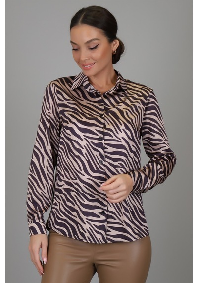 Sweetness Kadın Siyah Bej Zebra Desenli Likralı Saten Uzun Kol Abiye Gömlek Dk 1005 Siyah