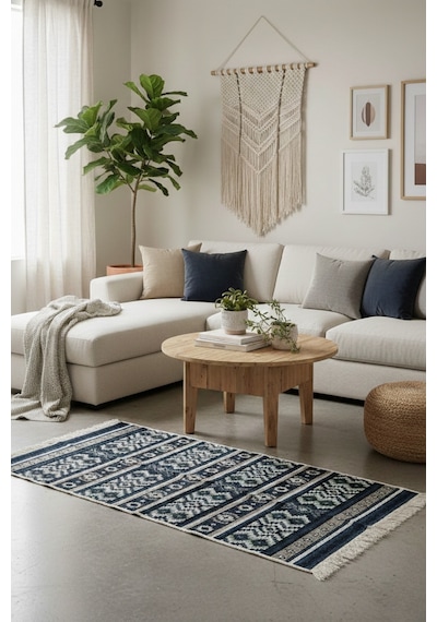 Minimal Lacivert Modern Desen Çift Taraflı Makinede Yıkanabilir Ev İçi & Dış Mekan Uyumlu Kilim Renkli