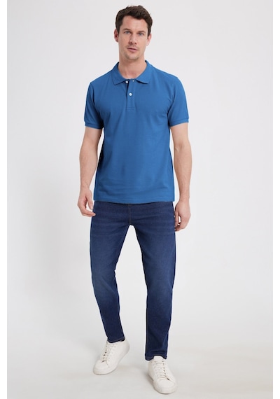 Tudors Erkek Slim Fit Dar Kesim %100 Pamuk Kısa Kollu Polo Yaka Mavi Tişört-50256
