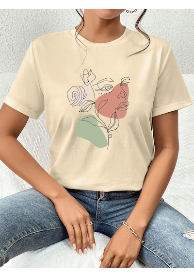 Portrait & Flower Baskılı Oversize Tshirt Bej
