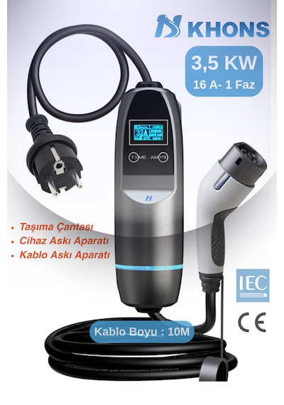 Khons 3,5 Kw Taşınabilir Araç Şarj Cihazı 10m Kablo 3.5 Kw