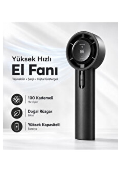 100 Kademeli Dijital Göstergeli Şarjlı El Fanı Taşınabilir Yüksek Hızlı Mini Vantilatör Siyah