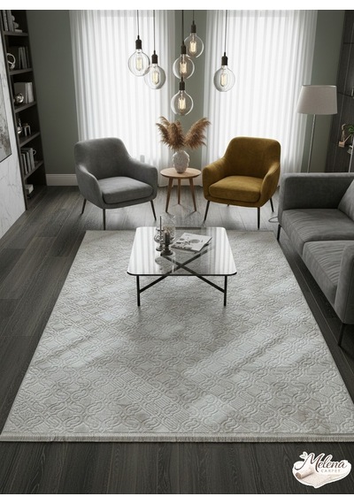 Konak Halı Dekoratif Salon Halısı Krem Emboss Kabartmalı Saçaklı Krem