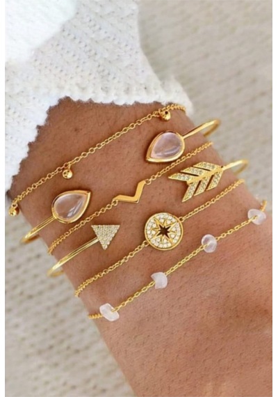 Lunarie Zirkon Taşlı Ve Pembe Doğal Taş Detaylı 6'lı Bileklik Rose Gold