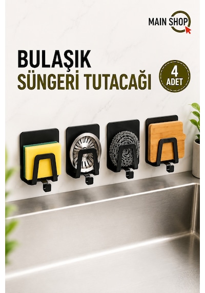 Mainshop 4 Adet Musluk Yanı Sünger Askılığı Evye Sünger'liği Banyo Mutfak Kancalı Düzenleyici M-sng2 Siyah