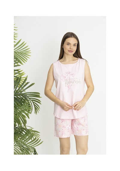 Estiva Kadın Çiçek Alt Desenli Pembe Kolsuz Şortlu Penye Lycra Pijama Takımı Çok renkli