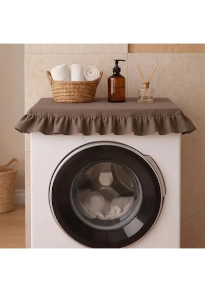 Fırfırlı Çamaşır Makinesi Örtüsü - Çeyizlik Dekoratif Banyo Makine Kılıfı- Kahverengi