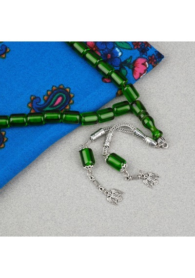 Ateş Kehribar Alpaka Püsküllü Kapsül Kesim 9x12mm Tesbih - Şeffaf Yeşil
