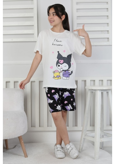 I Love Kuromi Baskılı Kısa Kollu Şort Pijama Takımı Beyaz