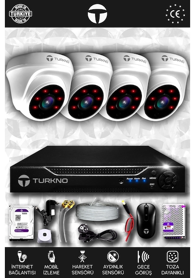 Turkno 4 Kameralı Domia 4 İç Kamera Set 1 TB HDD Full HD Gece Görüşlü Güvenlik Kamerası Sistemi