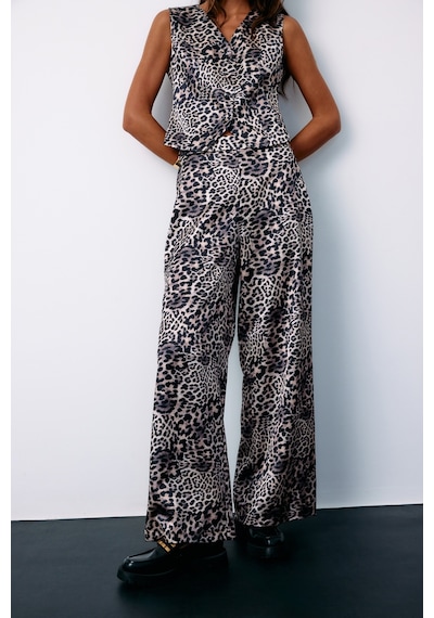 Sateen Kruvaze Leopar Saten Yelek - Gri-135187 Gri