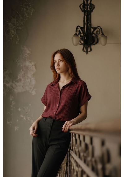 Armonika Kadın Bordo Kısa Kol Gömlek Arm-19y001088