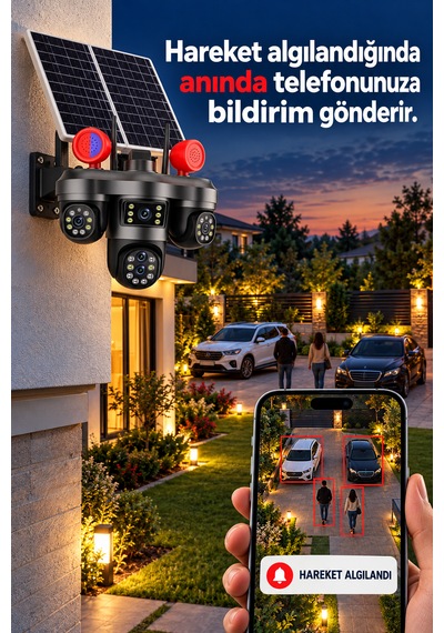 4 Kameralı 3 Motorize Ptz Kamera Wifi Çift Solar Panelli 10x Optik Zoom Uyarı Işıklı Güvenlik Kamerası