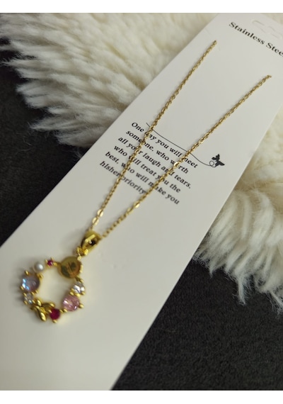 Beren Aksesuar Stainless Steel Zirkon Taşlı Çelenk Çelik Kolye Gold