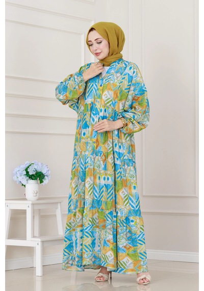 Sevitli Etnik Desen Robalı Elbise-mavi-5251 Mavi