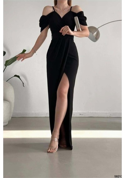 DefyModa Kadın Minimal Krep Kumaş V Yaka Yırtmaçlı Abiye Elbise Siyah