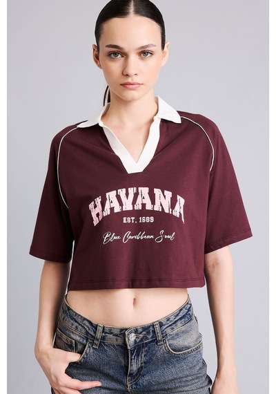 Defacto %100 Pamuk Oversize Kontrast Polo Yaka Baskılı Crop Tişört I6806ax26aubr2 Bordo-br2