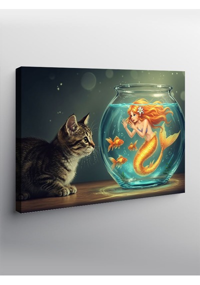 Kanvas Tablo Akvaryumlu Denizkızı Ve Yaramaz Kedi 100cmx140cm