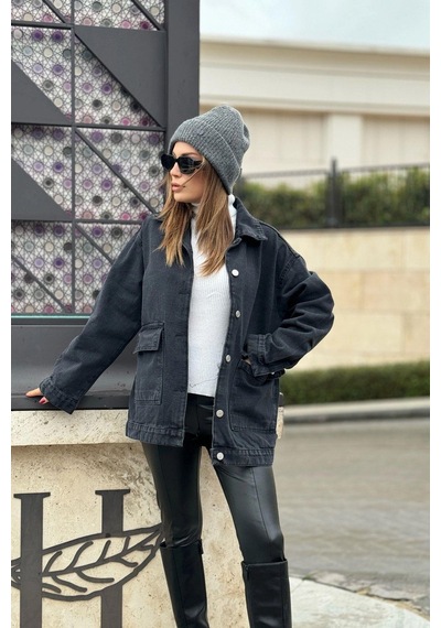 Kadın Siyah Geniş Cepli, Kaliteli Jeans Kumaş, Salaş Kot Ceket Siyah