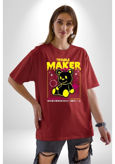 Baş Belası Teddy Pamuklu Bisiklet Yaka Unisex Oversize Boyfriend Dijital Baskılı Kırmızı T-shirt Kırmızı