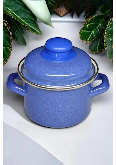 Lüks İtalyan Emaye Mini Derin Tencere 12 Cm Mavi 900 Ml Renkli