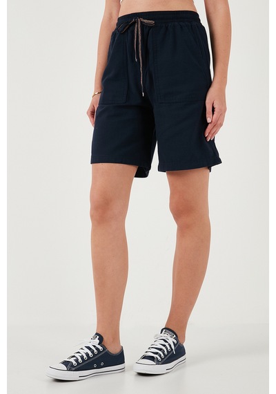 Lela Pamuklu Relaxed Fit Yüksek Bel Cepli Mini Bayan Şort 668Yp5384 Lacivert