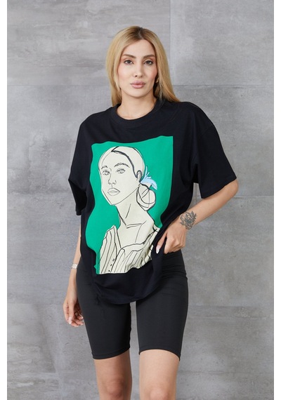 Cojans Kadın Silüet Baskılı Bisiklet Yaka Oversize T-shirt Çok Renkli