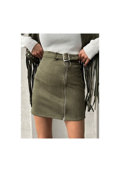 Verymoda Süet Fermuarlı Etek F0121 Haki