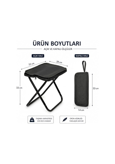 Asyaink Siyah Katlanabilir Kamp Taburesi Ultra Portatif Taşıma Çantalı