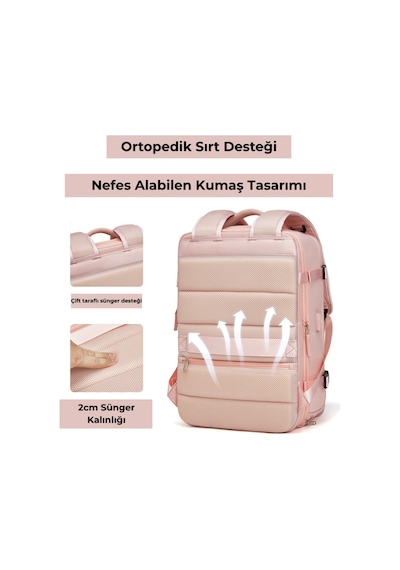 Su Geçirmez 16" İnç 39l Ayakkabı Bölmeli Seyahat Sırt Çantası - Laptop Bölmeli, Usb Şarj Girişli Pembe