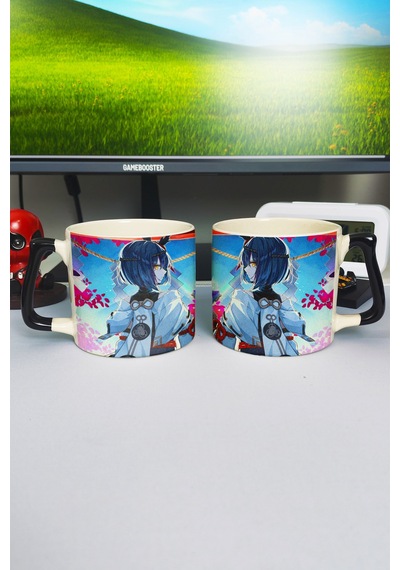 Kujou Sara Genshin İmpact Baskılı Seramik Lüks Kupa 1 Adet Özel Siyah Kulp Dalga Kulp V3d Çok Renkli