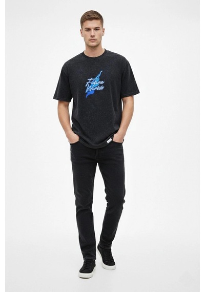 Erkek Asit Yıkamalı Oversize Tişört Future Worlds Baskılı Bisiklet Yaka Kısa Kollu Streetwear %100 Pamuk Street Style T-shirt - Siyah Siyah