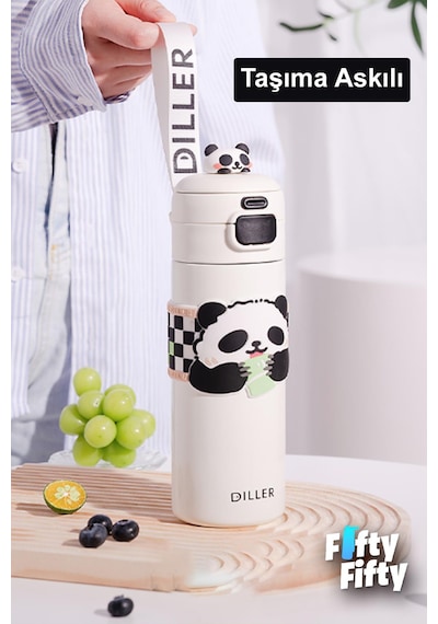Dıller 480 Ml Tek Kapak Çift Kullanım Pipetli/pipetsiz Taşıma Kulplu Vacum Cup/çelik Termos -ffd9240 Beyaz