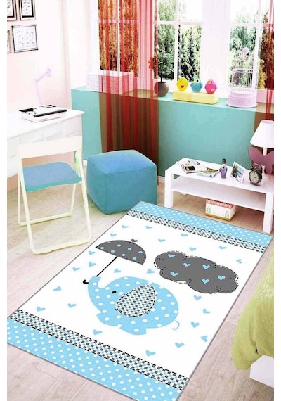 Mavi Kaymaz Tabanlı Filli Bebek Halıları Bebek Halısı Kd20n11