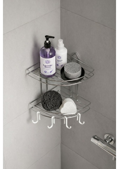 Sas Haus Banyo Köşe Rafı Askılı Duş Organizeri Ve Şampuanlık 2 Katlı Krom Ek-02 Krom