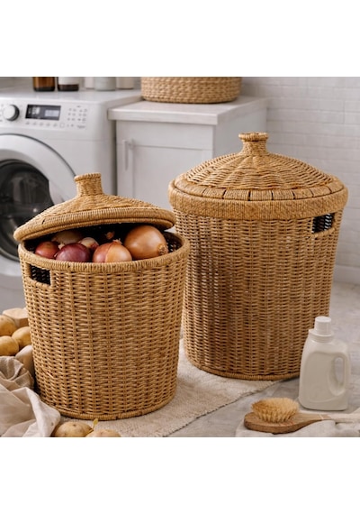 Kapaklı Rattan Patates Soğan Saklama Sepeti 2 Li Set Kiler/mutfak Organizer, Doğal Hasır Görü Kahverengi