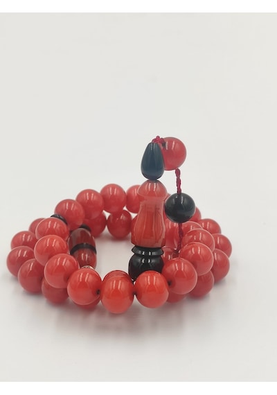 Usta İşcilikli Kırmızı Ateş Kehribar Tesbih 10 Mm Küre Kesim Takımlı Sistemli Kırmızı