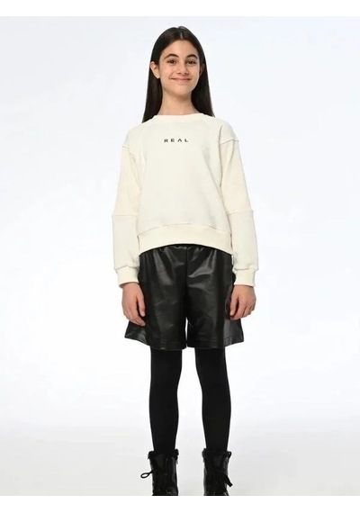 Kız Çocuk Real Yazılı Kısa Sweatshirt-13540 Ekru