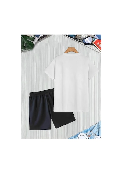 Medinenur Zar Baskılı T-shirt Short Bol Paça Rahat Kalıp Siyah Alt Siyah Üst Short Takım Beyaz