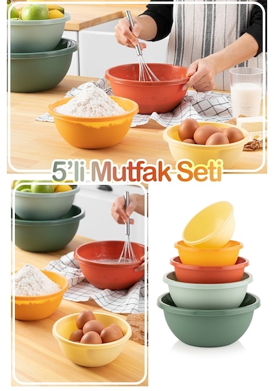 Meleni Home 5'li Set Yuvarlak Hazırlık Kase Seti - Çok Amaçlı Çırpma Kabı - Badya Seti Saklama Kabı