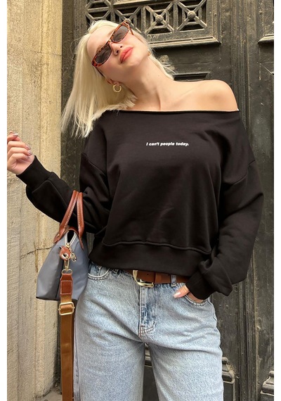 Siyah Kayık Yaka Baskılı Kadın Sweatshirt Mg2205