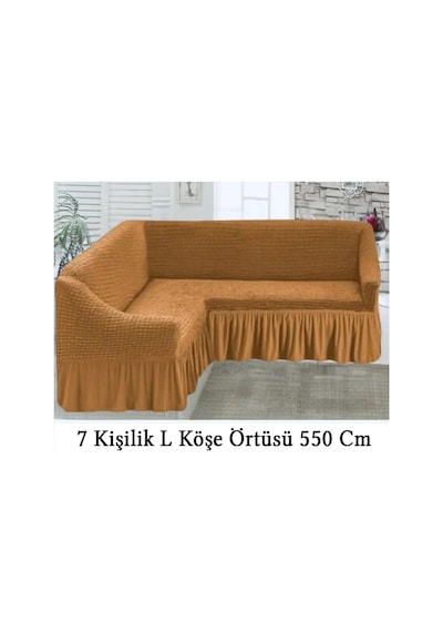 Upmall Bürümcük 7 Kişilik Köşe Koltuk, Kanepe Örtüsü, Koltuk Kılıfı, Lastikli, Etekli, L Köşe 550 Cm Bal Renk Bal Rengi